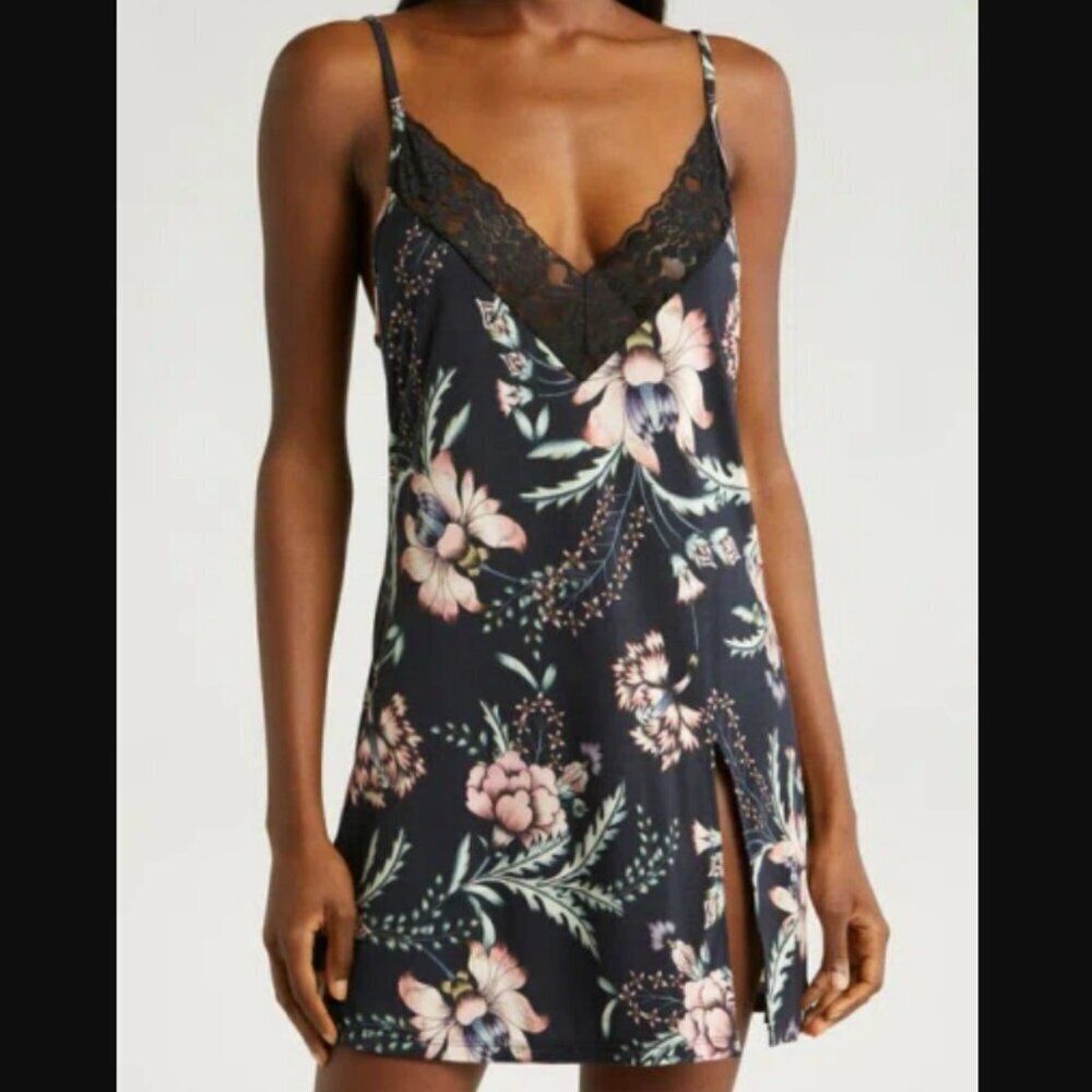 Vintage Black Floral Satin Lace Trim Slip Dress Womens Small Lingerie Chemise - Picture 1 of 5